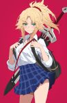  1girl absurdres backpack bag blonde_hair blue_skirt blush braid breasts button_gap choker clarent_(fate) closed_mouth collared_shirt commentary_request cowboy_shot dress_shirt fate/apocrypha fate_(series) green_eyes hair_ornament hair_scrunchie half_up_braid highres long_hair looking_at_viewer mordred_(fate) mordred_(fate/apocrypha) parted_bangs ponytail red_background red_scrunchie school_uniform scrunchie sheath sheathed shirt shirt_tucked_in sidelocks simple_background skirt sleeves_rolled_up small_breasts smile solo sword sword_on_back thighs tonee weapon weapon_on_back white_shirt 