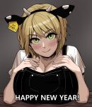 1girl absurdres animal_ears blonde_hair blush breast_rest breasts chinese_zodiac cow_ears cow_girl cow_horns ear_tag english_text eyebrows_visible_through_hair fake_animal_ears gigle green_eyes happy_new_year highres horns huge_breasts looking_at_viewer mole mole_under_eye new_year original overalls short_hair solo year_of_the_ox 