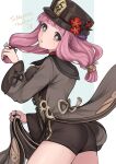  1girl ass black_headwear black_nails black_shorts commentary_request commission cosplay cowboy_shot dress fire_emblem fire_emblem_fates genshin_impact grey_dress grey_eyes hand_up head_tilt highres hu_tao hu_tao_(cosplay) long_hair long_sleeves looking_at_viewer mitama_(fire_emblem) nail_polish parted_lips pink_hair shimizu_akina short_shorts shorts skeb_commission solo standing star-shaped_pupils star_(symbol) symbol-shaped_pupils thighs wide_sleeves 