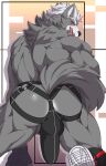  2021 anthro back_muscles bulge butt canid canine canis clothing footwear fur grey_body grey_fur hi_res jockstrap looking_at_viewer looking_back male mammal matcharyu muscular muscular_anthro muscular_male nintendo red_eyes shoes solo star_fox tongue tongue_out underwear video_games wolf wolf_o&#039;donnell 