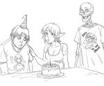  bb_(baalbuddy) birthday_cake birthday_hat bone cake candle canid canine clothing dessert elf english_text female food hi_res human humanoid humanoid_pointy_ears male mammal monochrome neon_genesis_evangelion rei_ayanami simple_background skeleton text 