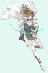  1girl absurdres alternate_costume blue_background blue_dress bracelet breasts cape choker cleavage closed_mouth commentary dragonstone dress english_commentary fire_emblem fire_emblem_awakening fire_emblem_heroes floating floating_hair floating_object glowing gold_bracelet green_eyes green_hair hair_ornament hair_ribbon high_collar highres jewelry large_breasts long_hair long_sleeves looking_at_viewer manakete pink_ribbon pointy_ears ponytail red_choker red_ribbon ribbon sakuremi short_dress signature simple_background solo stone thighhighs thighs tiki_(fire_emblem) white_cape white_footwear zettai_ryouiki 