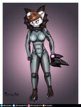  absurd_res anthro armor big_breasts breasts brown_hair canid canine canis claws clothing feet female fin fox fur hair headgear helmet hi_res hybrid mammal promedio purple_eyes scales simple_background solo star_citizen thick_thighs tight_clothing white_body white_fur wolf 