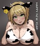  1girl :p absurdres animal_ears animal_print blonde_hair blush breast_rest breasts chinese_zodiac cow_ears cow_girl cow_horns cow_print crop_top ear_tag english_text eyebrows_visible_through_hair fake_animal_ears gigle green_eyes happy_new_year highres horns huge_breasts looking_at_viewer mole mole_on_breast mole_under_eye new_year original short_hair solo sweat tongue tongue_out underboob year_of_the_ox 