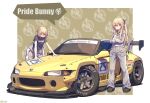  2girls baronilu black_bow black_shirt blonde_hair bow car character_request closed_mouth convertible crossed_arms gochuumon_wa_usagi_desu_ka? hair_bow highres long_sleeves motor_vehicle multiple_girls race_vehicle racecar racing_suit red_eyes shirt smile spoiler_(automobile) t-shirt vehicle_focus vehicle_request yellow_car 
