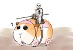  1boy ? black_eyes confused crossover guinea_pig haruichi_(haruichithm) helmet highres holding holding_staff looking_at_viewer molcar open_mouth parody potato_(pui_pui_molcar) pui_pui_molcar riding science_fiction staff star_wars stormtrooper 
