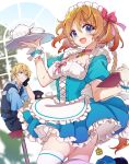  1boy 1girl :d atelier_(series) atelier_resleriana black_gloves black_pants black_vest blonde_hair blue_dress blue_eyes blue_shirt blurry blurry_background blurry_foreground breasts brown_hair clipboard collarbone collared_shirt commentary_request cowboy_shot cup depth_of_field dress dutch_angle frilled_dress frills gloves hair_between_eyes hair_ornament hair_ribbon hairclip hat highres holding holding_clipboard holding_tray karasumi_(aiseec) looking_at_viewer maid maid_headdress medium_breasts medium_hair official_alternate_costume pants pink_ribbon police police_hat police_uniform policeman puffy_short_sleeves puffy_sleeves resna_sternenlicht ribbon roman_kalman shirt short_dress short_hair short_sleeves sitting skindentation smile solo_focus star_(symbol) teacup teapot thighhighs tray unworn_hat unworn_headwear vest white_thighhighs zettai_ryouiki 