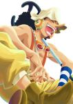  1boy ^_^ black_hair boots closed_eyes facial_hair goatee goggles goggles_around_neck hat headphones highres long_nose male_focus mixed-language_commentary one_piece open_mouth overalls simple_background solo tatman usopp white_background wristband yellow_overalls 