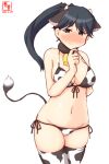  1girl alternate_breast_size alternate_costume animal_ears animal_print artist_logo bikini black_eyes black_hair blush breasts commentary_request cow_ears cow_horns cow_print cow_tail cowboy_shot dated front-tie_top highres horns houshou_(kancolle) kanon_(kurogane_knights) kantai_collection large_breasts long_hair looking_at_viewer lowleg lowleg_bikini navel nose_blush one-hour_drawing_challenge ponytail side-tie_bikini simple_background solo swimsuit tail thighhighs white_background white_bikini white_legwear 