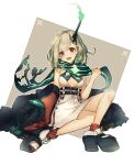  1225ka 1girl absurdres blush breasts cleavage coat coat_removed dress green_hair hair_ornament happy highres looking_at_viewer open_mouth red_eyes sandals scarf short_hair simple_background sinoalice sitting white_dress 
