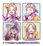  2boys 2girls ascot ayana_(iqaw5cfohvdtver) bare_shoulders black_jacket blonde_hair blue_ribbon blue_shirt border breasts celes_chere closed_eyes cropped_torso emoji explosion final_fantasy final_fantasy_iv final_fantasy_iv:_the_after_years final_fantasy_vi frown grey_hair hair_bun hair_ribbon hand_on_own_chest happy_tears jacket long_hair low_ponytail medium_breasts multicolored_background multiple_boys multiple_girls open_mouth parted_bangs ribbon rosa_farrell sabin_rene_figaro scar scar_across_eye scar_on_face scar_on_forehead setzer_gabbiani shaded_face shirt short_hair shoulder_spikes sidelocks sleeveless sleeveless_shirt smile spikes sweatdrop tears tongue tongue_out upper_body white_ascot white_border yellow_jacket 