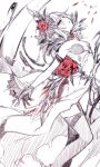  1girl black_gloves blood bloody_clothes blush breasts cape cleavage clothing_cutout dress feathers flower gloves hair_bun navel_cutout petals red_flower short_hair silver_eyes sinoalice sketch snow_white_(sinoalice) spot_color teroru thighhighs veil 