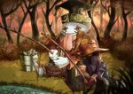  1boy 1other absurdres black_mage_(final_fantasy) blue_coat boots brown_footwear brown_gloves bucket coat colored_skin final_fantasy final_fantasy_ix fishing fishing_rod forest gloves glowing glowing_eyes hat highres holding holding_fishing_rod nature quina_quen sandals sleeping tongue tongue_out tree vivi_ornitier watawata22 white_skin wizard_hat 