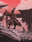  absurdres armored_core armored_core_6 cloud english_commentary gun highres holding holding_gun holding_weapon looking_up mecha mecha_focus no_humans nsclark98 one-eyed pile_bunker red_eyes red_sky robot science_fiction sky snowing solo weapon 