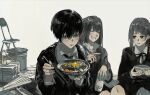  1boy 2girls absurdres bangs black_eyes black_jacket blush bottle bowl can chair chopsticks closed_eyes collared_shirt food highres holding holding_can jacket multiple_girls ntaluuu original paper parted_lips shirt sitting smile upper_body white_background 