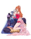  1boy 1girl absurdres aerith_gainsborough aerith_gainsborough_(terra&#039;s_garb) arm_around_waist armor armored_boots bare_shoulders black_pants blue_armor boots breasts brown_hair cosplay detached_sleeves dress earrings edgar_roni_figaro edgar_roni_figaro_(cosplay) final_fantasy final_fantasy_vi final_fantasy_vii final_fantasy_vii_ever_crisis full_body green_eyes grey_hair hair_bobbles hair_ornament hair_ribbon hand_on_another&#039;s_chest hetero highres jewelry low_ponytail medium_breasts nail_polish official_alternate_costume pants pantyhose parted_bangs parted_lips ponytail popped_collar print_pantyhose red_dress red_nails red_sleeves ribbon sash sephiroth sephiroth_(edgar&#039;s_attire) sephiroth_(ever_crisis) shanlieart short_hair shoulder_armor sitting strapless strapless_dress terra_branford terra_branford_(cosplay) tube_dress waist_sash white_background 