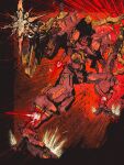  absurdres armored_core armored_core_6 assault_visor dual_wielding english_commentary firing gun highres holding holding_gun holding_weapon looking_to_the_side mecha mecha_focus motion_lines no_humans nsclark98 red_background robot science_fiction skating solo thrusters weapon 