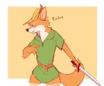  2021 anthro black_nose canid canine clothing disney fox fur hat headgear headwear holding_object holding_weapon male mammal melee_weapon orange_body orange_fur robin_hood robin_hood_(disney) shimomaro solo sword weapon 