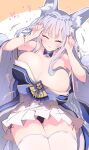  1girl animal_ear_fluff animal_ears armpits azur_lane bangs bare_shoulders black_panties blue_collar blue_kimono blunt_bangs blush bouncing_breasts breasts bunny_pose cleavage closed_eyes collar commentary_request cowboy_shot eyebrows_visible_through_hair flying_sweatdrops fox_ears hair_ornament hands_up highres himiya_jouzu japanese_clothes kimono large_breasts long_hair miniskirt mole mole_under_eye motion_lines multiple_tails off-shoulder_kimono orange_background panties pantyshot parted_lips pleated_skirt shinano_(azur_lane) side-tie_peek sidelocks skindentation skirt skirt_under_kimono solo standing tail thighhighs translation_request underwear very_long_hair white_background wide_sleeves zettai_ryouiki 