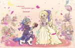  3girls 6+boys aircraft airship black_gloves black_hair black_jacket black_pants blonde_hair blue_bow blue_tank_top blush boots bouquet bow braid braided_ponytail cake celes_chere confetti cyan_garamonde detached_sleeves dress edgar_roni_figaro english_text final_fantasy final_fantasy_vi food full_body gau gloves green_hair grey_hair grin hair_bow headscarf highres holding holding_bouquet holding_paintbrush holding_sword holding_weapon jacket jasmine_82 locke_cole long_hair marriage_proposal monster moogle multiple_boys multiple_girls on_one_knee one_eye_closed open_mouth paintbrush pants ponytail puffy_short_sleeves puffy_sleeves red_dress red_sleeves relm_arrowny sabin_rene_figaro sash scar scar_on_face setzer_gabbiani short_sleeves single_braid single_glove smile sword tank_top terra_branford umaro waist_sash wavy_mouth weapon wedding_cake white_dress white_footwear yeti_(creature) 