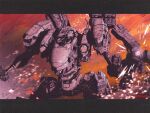  absurdres arm_cannon armored_core armored_core_6 clenched_hand embers english_commentary highres letterboxed looking_to_the_side mecha mecha_focus nightfall_(armored_core_6) no_humans nsclark98 red_eyes robot science_fiction solo twitter_username weapon 