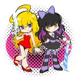  1girl ahoge black_dress black_hair blake_belladonna blonde_hair bow cosplay dress gun hair_bow highres iesupa long_hair multicolored_hair panty_&amp;_stocking_with_garterbelt panty_(psg) panty_(psg)_(cosplay) parody red_dress rwby stocking_(psg) stocking_(psg)_(cosplay) style_parody sword two-tone_hair wavy_hair weapon yang_xiao_long yellow_eyes 