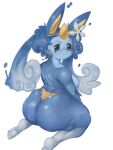 2024 anthro barefoot big_butt blue_body breasts butt clothing digital_drawing_(artwork) digital_media_(artwork) elemental_creature feet female flower hi_res liquid_hair long_ears looking_at_viewer mizuririn_(the_battle_cats) mostly_nude pincparti plant pseudo_hair simple_background smile smiling_at_viewer smirk smirking_at_viewer solo the_battle_cats thick_thighs underwear water water_creature white_background