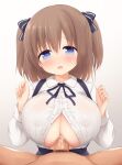  1boy 1girl blue_eyes blush breasts brown_hair collared_shirt commentary_request covered_nipples cum cum_on_body cum_on_breasts eyebrows_visible_through_hair hetero highres large_breasts large_penis long_sleeves looking_at_viewer open_mouth original paizuri paizuri_under_clothes penis pubic_hair see-through shirt skirt suspender_skirt suspenders white_shirt yuu_(yumezakura) 