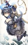  1girl alice_(sinoalice) belt black_hair blue_gloves blush book breasts chain choker cleavage closed_mouth dress elbow_gloves expressionless eyebrows_visible_through_hair gloves holding holding_weapon looking_at_viewer pale_skin petticoat puffy_short_sleeves puffy_sleeves red_eyes short_hair short_sleeves sinoalice solo sword teroru thighhighs weapon 