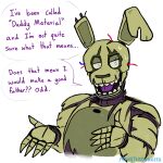  ... 2021 ? animatronic anthro bodily_fluids dialogue english_text five_nights_at_freddy&#039;s five_nights_at_freddy&#039;s_3 green_body green_nose grey_sclera half-closed_eyes humor lagomorph leporid long_ears looking_away machine male mammal monsterdongles multicolored_body narrowed_eyes notched_ear open_mouth portrait question rabbit robot simple_background sketch solo speech_bubble springtrap_(fnaf) sweat teeth text tongue torn_arm torn_body torn_face two_tone_body video_games white_background white_eyes wire 