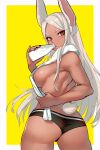  1girl animal_ears ass back black_hair black_panties blush boku_no_hero_academia bottle breasts bunny_ears bunny_tail commentary cowboy_shot dark_skin dark_skinned_female drinking english_commentary eyebrows_visible_through_hair fingernails from_behind highres holding holding_bottle holding_towel large_breasts long_hair looking_at_viewer looking_back milk_bottle mirko nail_polish panties rabbit_girl red_eyes robot_cat sideboob solo tail thick_eyebrows topless towel two-tone_background underwear very_long_hair white_hair white_towel 