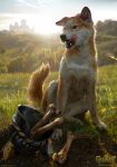  2018 akreon armor black_nose bone brown_body brown_fur canid canine canis castle detailed_background domestic_dog fangs feral fur grass gwent headgear helmet hi_res licking mammal official_art outside paws plant quadruped realistic shiba_inu sitting spitz tongue tongue_out white_body white_fur 