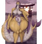  alpha_channel anthro big_breasts breasts capcom claws curvy_figure expand-blurples female genitals hair hi_res leviathan_(mh) long_tail monster_hunter monster_hunter_rise multicolored_body multicolored_skin pasties paws purple_hair pussy scalie sea sharp_claws solo somnacanth steam sunset torii two_tone_body two_tone_skin video_games voluptuous water wide_hips 