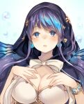  1girl blue_eyes blue_hair blush bracelet breasts bubble cleavage crying earrings fins hood hood_up jewelry large_breasts long_hair looking_at_viewer ningyo_hime_(sinoalice) ribbon sad sinoalice solo teroru twintails 