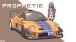  1girl baronilu brown_background brown_hair brown_jacket car dress green_eyes hands_in_pockets highres jacket license_plate long_hair motor_vehicle open_clothes open_jacket ridge_racer solo spoiler_(automobile) standing two-tone_background vehicle_focus white_background white_dress yellow_car 