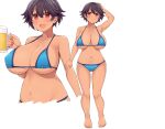  amane_hasuhito barefoot bikini black_hair breasts cleavage dark_skin drink original red_eyes short_hair swimsuit third-party_edit underboob white 