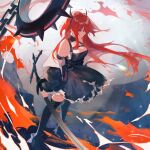  1girl arknights bare_shoulders collar demon_girl demon_horns dress high_heels highres holding holding_weapon horns kneehighs lluyss long_hair looking_down red_hair solo spiked_collar spikes surtr_(arknights) sword weapon 