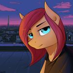  anthro apocheck13 bust_portrait city cityscape earth_pony equid equine female hasbro hi_res horse looking_at_viewer mammal my_little_pony pony portrait rooftop smile solo 