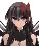  1girl absurdres akemi_homura akuma_homura bare_shoulders black_gloves black_hair black_wings blush bow choker close-up closed_mouth elbow_gloves embarrassed eyebrows_visible_through_hair feathered_wings gloves hair_between_eyes hair_bow highres long_hair looking_at_viewer mahou_shoujo_madoka_magica mahou_shoujo_madoka_magica_movie misteor portrait purple_eyes solo wavy_mouth white_background wings 