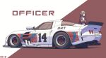  1girl baronilu brown_background brown_hair brown_jacket car crossed_arms dress highres jacket license_plate long_hair long_sleeves motor_vehicle race_vehicle racecar ridge_racer solo spoiler_(automobile) standing two-tone_background vehicle_focus white_background white_car white_dress 