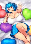  1girl absurdres balloon bangs barefoot blue_hair blue_skirt blunt_bangs breasts cleavage english_commentary english_text erkaz eyebrows_visible_through_hair hairband heart highres huge_breasts looking_at_viewer lying marker medium_hair on_back on_bed original red_eyes rina_atherina skirt tank_top white_hairband white_tank_top 