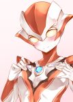  1girl alien blush breast_suppress breasts highres korei looking_down pink_background science_fiction small_breasts smile solo tokusatsu ultra_series ultraman_r/b ultrawoman_grigio upper_body yellow_eyes 