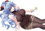  1girl arm_support bare_shoulders blue_eyes blue_hair bodysuit breasts brown_bodysuit collarbone commentary covered_navel english_commentary flower from_above ganyu_(genshin_impact) genshin_impact goat_horns hair_between_eyes highres holding holding_flower horns large_breasts long_hair looking_at_viewer open_mouth piukute062 simple_background sitting smile solo white_background 