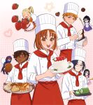  absurdres apron black_hair bleach blonde_hair blue_dress blue_pants blush bob_cut bow bread brown_hair cake character_request chef_hat closed_eyes cowboy_shot dark-skinned_male dark_skin dress fairy_wings food fork fruit glasses gradient_background green_eyes hair_between_eyes hair_bow hair_ornament hat high_ponytail highres holding holding_fork holding_plate holding_spatula holding_spoon hood inoue_orihime ishida_uryuu jacket kasumiooji_rurichiyo kuchiki_rukia kurosaki_ichigo long_hair luvlyroseve maid_apron mixing_bowl multiple_boys multiple_girls neckerchief open_mouth orange_dress orange_eyes orange_hair pants parted_bangs pastry pink_background pink_bow pink_dress plate puffy_short_sleeves puffy_sleeves red_apron red_hair red_neckerchief sado_yasutora short_hair short_sleeves sidelocks smile snowflake_hair_ornament spatula spoon strawberry strawberry_shortcake white_jacket wings yumeiro_patissiere 