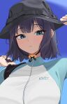  1girl absurdres adjusting_clothes adjusting_headwear aqua_eyes aqua_jacket black_hat black_straps blue_archive blue_sky blush breasts bucket_hat closed_mouth frown gangjeong hat highres holding_strap jacket large_breasts looking_at_viewer multicolored_clothes multicolored_jacket outdoors portrait purple_hair saki_(blue_archive) saki_(swimsuit)_(blue_archive) short_hair sky solo two-tone_jacket white_jacket 