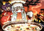 1boy 1girl 1other bib black_mage_(final_fantasy) blue_coat bow chef_hat coat colored_skin cooking_pot eiko_carol final_fantasy final_fantasy_ix gloves glowing glowing_eyes green_eyes hat highres horns mini_wings open_mouth purple_hair quina_quen red_gloves single_horn smile steam stew stirring tongue tongue_out vivi_ornitier watawata22 white_skin wings wizard_hat yellow_bow yellow_eyes 