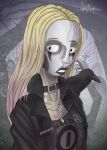  1girl bird black_jacket blonde_hair corpse_paint cross cross_necklace crow death_(entity) graveyard hair_ornament heavy_metal horror_(theme) jacket jewelry looking_at_viewer lupeco98 necklace non-web_source original self-upload skull_hair_ornament skull_marking tim_burton_(style) toon_(style) 