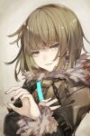  1boy bangs black_nails blood bloody_clothes bob_cut brown_hair chain fur_trim green_eyes green_hair gretel_(sinoalice) grin hand_on_own_chest looking_at_viewer male_focus multicolored_hair nail_polish open_mouth otoko_no_ko sinoalice smile solo teroru two-tone_hair 