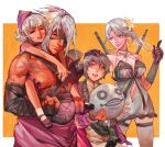  2boys armor bandages carrying child_carry closed_eyes dress emil_(nier) eyepatch father_and_daughter flower gloves hair_flower hair_ornament kaine_(nier) lingerie mary_janes multiple_boys multiple_girls negligee nier nier_(old) nier_(series) piggyback shoes short_hair silver_hair smile underwear wenq white_hair yonah 