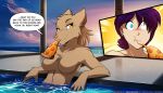  2021 7:4 anthro bath bathing blue_eyes blush breasts brown_body brown_fur canid canine canis casual_nudity comic conditional_dnp crossgender detailed_background dialogue duo eating embarrassed english_text featureless_breasts female food food_in_mouth ftm_crossgender fur hair hi_res human keidran looking_aside male mammal maren_taverndatter mtf_crossgender nude partially_submerged pizza purple_hair seductive smile surprise sythe_(twokinds) text tom_fischbach twokinds webcomic wolf yellow_eyes 